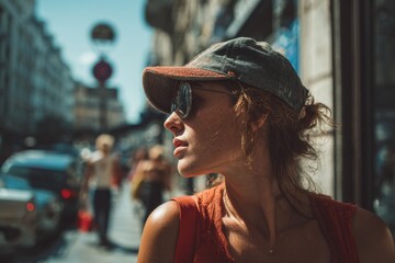 A woman wearing a cap and sunglasses on a sunny day , heatwave , Generative AI