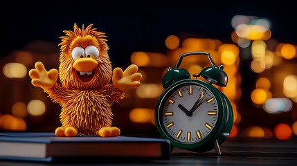 Colorful fuzzy toy character with alarm clock on a book, city lights in the background at night
