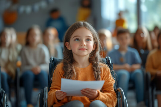 Little girl in a wheelchair holding papers as she presents to her classmates, who watch with interest and support