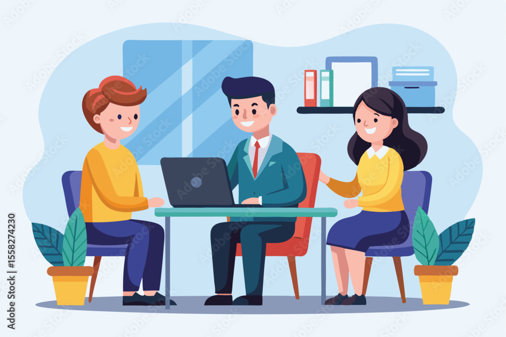 Poster job interview concept illustrated with two candidates and an interviewer in a modern office setting