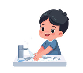 happy kid washing hands cartoon vector illustration