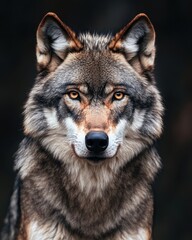 Fototapeta premium Intriguing Wolf Countenance: A Striking Portrait of a Wild Mammal in Its Natural Habitat