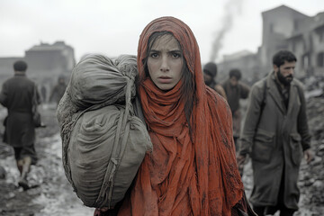 In an abandoned village, a female refugee walks with heavy bags, her expression reflecting deep sorrow as she leaves behind her home and memories. The landscape appears desolate and grim