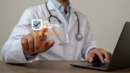 Doctor Giving Five Star Rating Healthcare Review Online Medical Service Quality Feedback Digital Technology Satisfaction Concept


