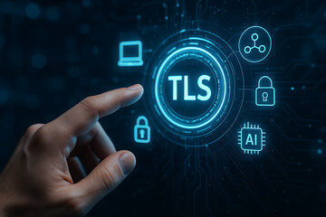 Realistic close-up of human hand pointing at futuristic TLS/SSL digital security interface with glowing hexagonal icons and neon blue high-tech background
