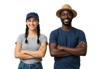 Diverse couple posing with arms crossed on transparent background