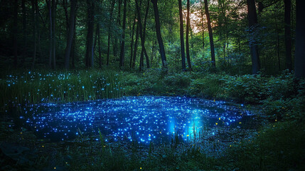 Glowing Pond in an Enchanted Forest at Twilight. A stunning twilight forest scene featuring a glowing blue pond surrounded by lush greenery and tall trees.