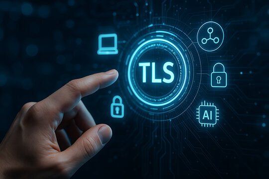 Realistic close-up of human hand pointing at futuristic TLS/SSL digital security interface with glowing hexagonal icons and neon blue high-tech background
