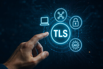 Realistic close-up of human hand pointing at futuristic TLS/SSL digital security interface with glowing hexagonal icons and neon blue high-tech background
