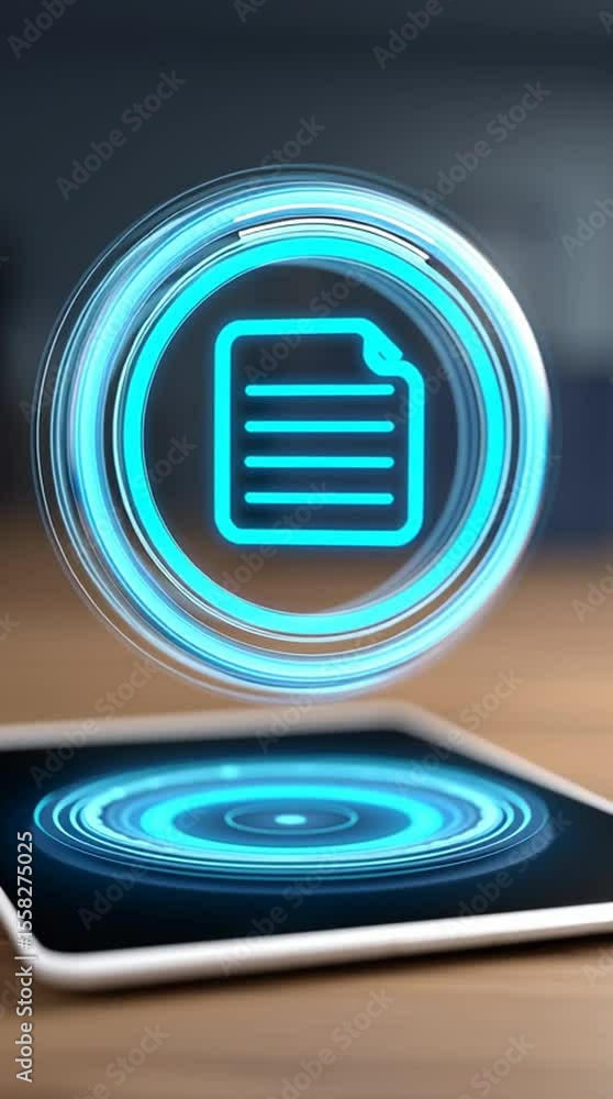 Poster digital document concept with glowing cyber file icon and blue hologram floating above tablet screen