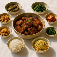 Braised Korean Short Ribs Set with Side Dishes – Hearty Korean galbijjim served with white rice and various banchan dishes on a white tablecloth, showcasing a home-cooked meal atmosphere.
