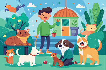 Fototapeta premium Pets enjoy a sunny afternoon in a garden as a boy tends to plants and plays with his furry friends