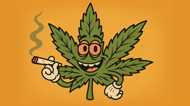 Funny cartoon cannabis leaf character smoking marijuana joint with humorous playful expression	