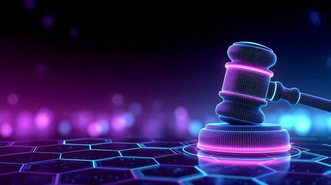 Cyber law digital privacy protection with glowing futuristic gavel and neon hexagonal grid symbolizing justice technology and online security in vibrant modern environment