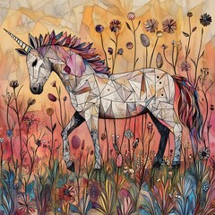 Colorful geometric unicorn standing among vibrant flowers in a whimsical landscape