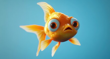 Whimsical 3D Fish Character: Adorable Spherical Goldfish with Bulging Eyes Floating Against a Blue Background