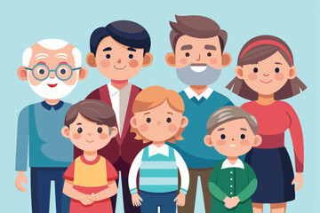 Obraz premium Happy family portrait showcasing children and adult relatives posing together in a cheerful, colorful setting