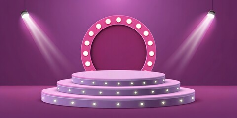 Illuminated circular stage with tiered platform and spotlight beams on purple background