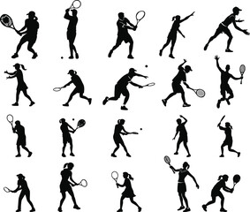 Tennis player silhouette set in action poses