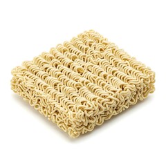 Dry curly ramen noodles in a square block. Instant pasta for quick meal preparation. Uncooked food ingredient.
