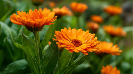 Blooming Calendula Blossoms in Herb Garden 