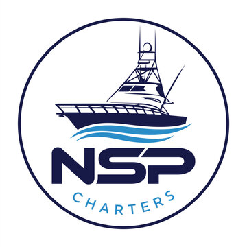 NSP Charters Logo Featuring Fishing Boat Silhouette and Water Waves Design for Fishing Trip and Charter Services