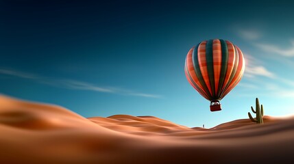 Colorful hot air balloon soaring over a vast desert landscape under a clear blue sky