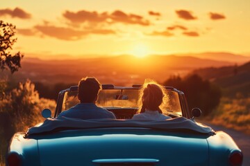 Young Couple Enjoying a Carefree Drive in a Convertible Car at Sunset