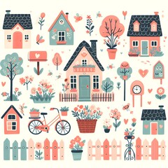Sweet home collection in flat design. Cute houses, blooming trees, car, bicycle, wooden fences, flowers and bouquets, mailbox and others isolated elements set. 