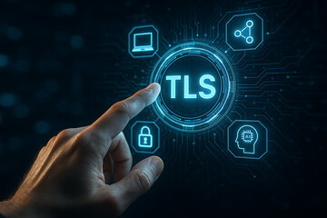Realistic close-up of human hand pointing at futuristic TLS/SSL digital security interface with glowing hexagonal icons and neon blue high-tech background
