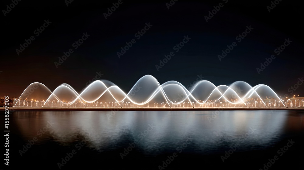 Poster abstract light patterns created by choreographed fountains during nighttime performance