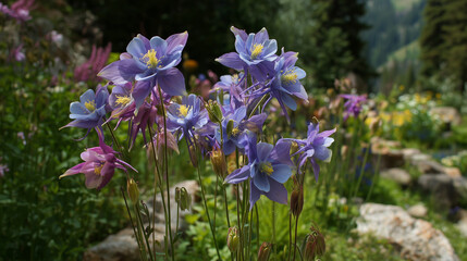 Blooming Columbine Blossoms in Alpine Garden 