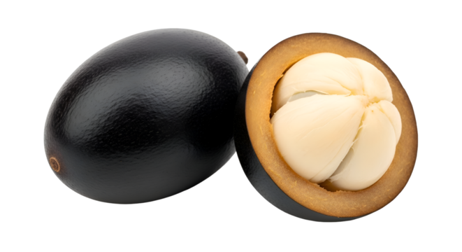 Two Mangosteens Displayed, One Whole and One Cut Open on Transparent Background, Close Up