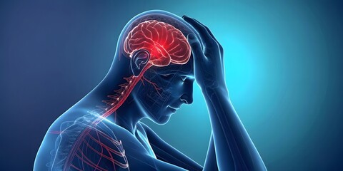 Close up of a glowing red brain and nervous system within a translucent human silhouette experiencing pain