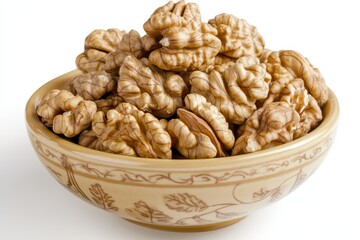 Fototapeta premium Fresh Crunchy Walnuts in a Decorative Bowl Against a White Background