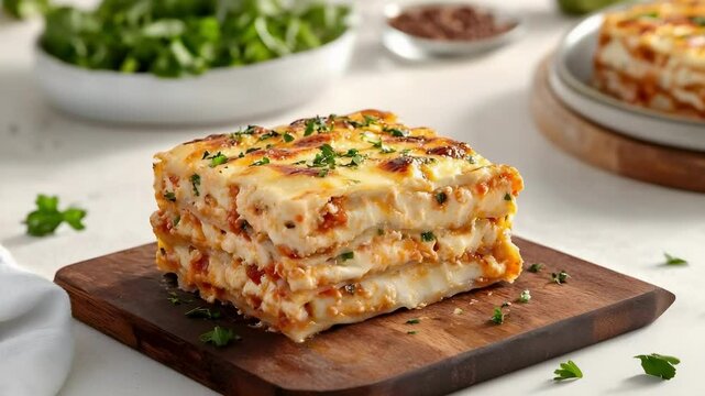 A serving of lasagna layered with pasta, cheese, and sauce, garnished with herbs on a wooden cutting board.