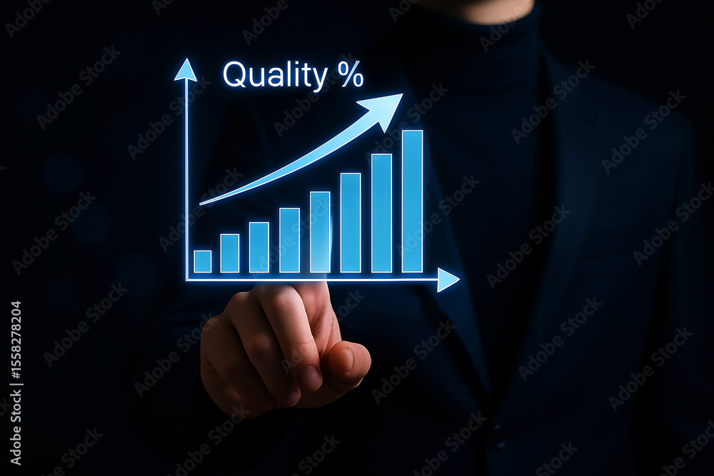 Poster man s hand pointing at a glowing blue bar graph showing increasing quality
