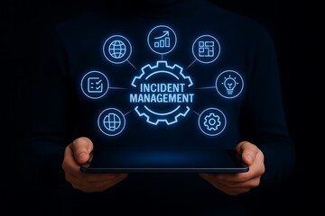 Person holding tablet displaying incident management workflow with icons and gear