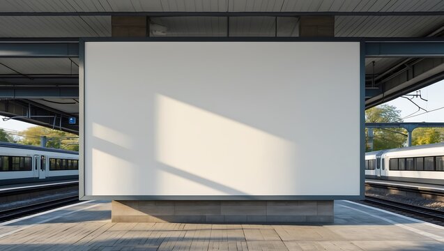 Blank billboard at modern train station platform, sunlight casting shadows.