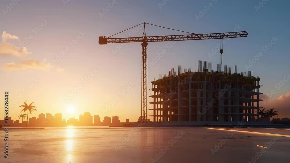 Poster a construction site with a crane and a partially built structure against a sunset skyline with palm 