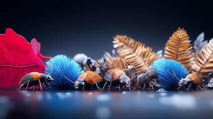 Naklejka premium Colorful insects crawling over vibrant foliage in a macro setting, showcasing nature's diversity