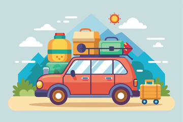 Compact car ready for a road trip loaded with travel essentials including bags, snacks, and outdoor gear parked against a mountain backdrop on a sunny day
