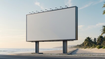 Obraz premium Large blank billboard stands on a beach near the ocean, ready for advertising.