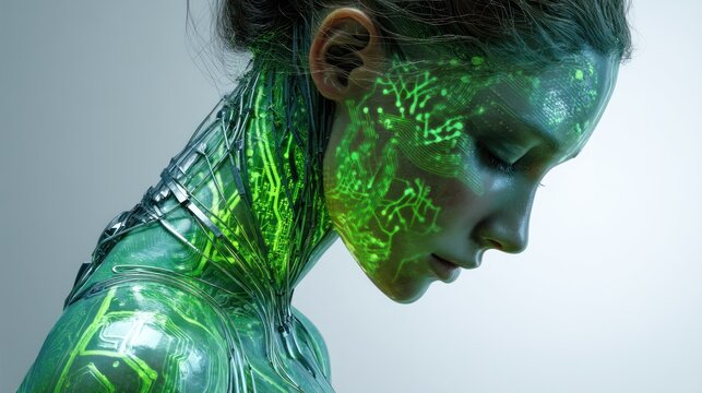 Futuristic humanoid with intricate glowing green circuit patterns on translucent skin, metallic collar structure, dark hair, and softly defocused background, high-detail concept art