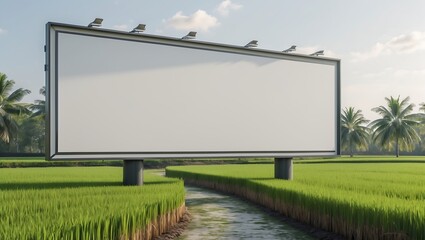 Blank billboard in a tropical rice paddy field, ready for advertisement.
