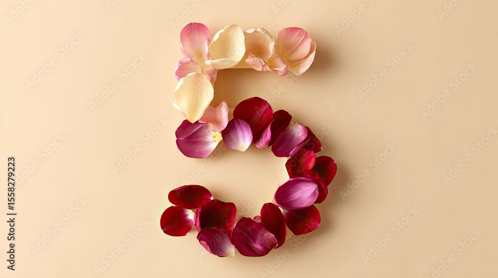 Poster creative number made from tulip petals in ombre color transition, placed on soft cream background