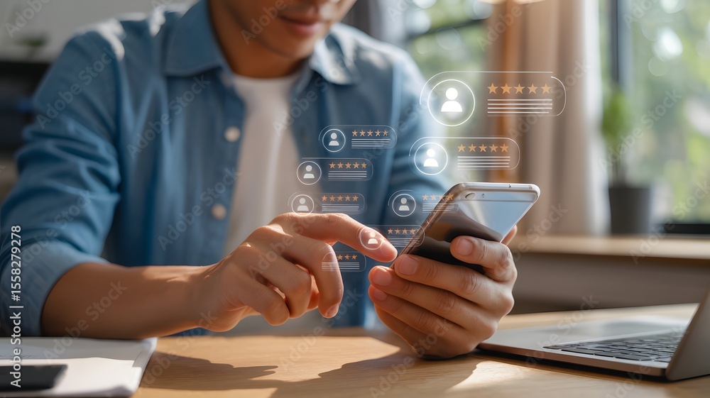 Poster man using smartphone with digital human resources recruitment interface for candidate profile screen