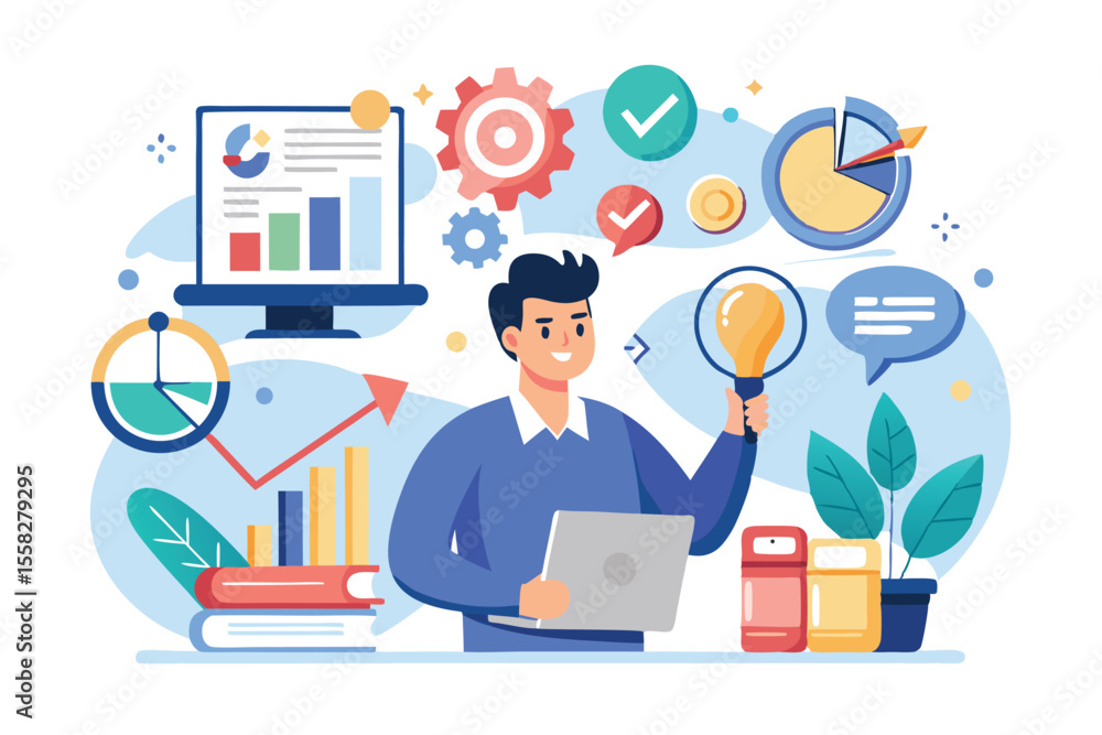 Poster business strategy vector illustration showcasing innovative thinking and analysis in a modern office