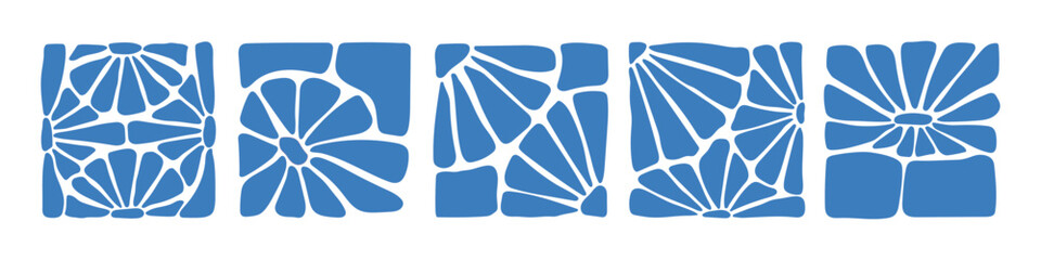 Blue floral seamless pattern illustration set. Vintage style flower frame background design collection. Geometric natural wallpaper print, spring season nature backdrop texture with flowers.