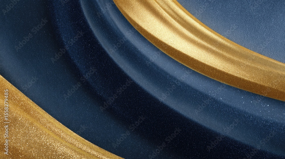 Poster curved gold elements flowing rhythmically across a dark blue textured wave pattern